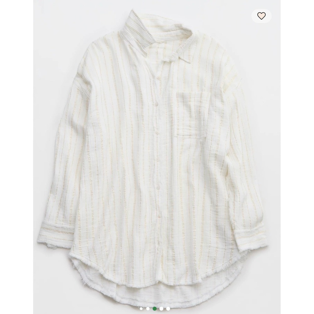 Aerie White Gold Metallic Striped Cotton Gauze Oversized Button Down Shirt L - Picture 3 of 8